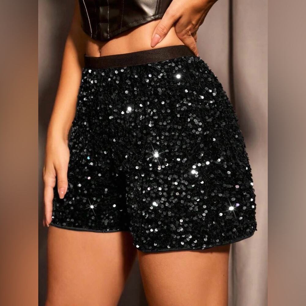 NEW SHEIN VELVET BASE IRIDESCENT FULLY LINED ELASTIC WAISTBAND PULL ON SHORTS L